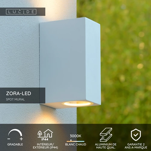 Lucide ZORA-LED - Spot mural / Applique mural Intérieur/Extérieur - LED Dim. - GU10 - 2x5W 3000K - IP44 - Blanc - USP